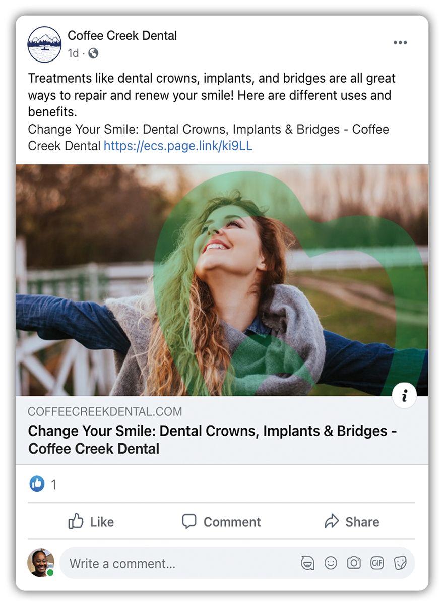 mockup of facebook ad post for Coffee Creek Dental