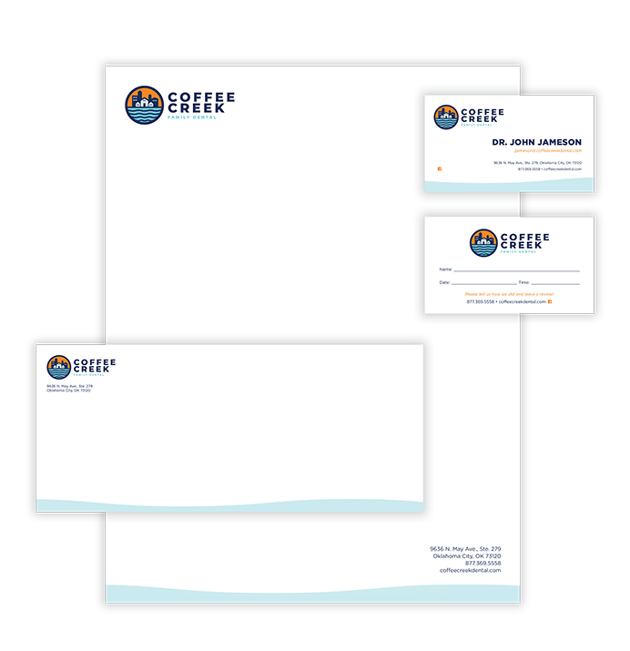 stationery package mockup for Coffee Creek Family Dental